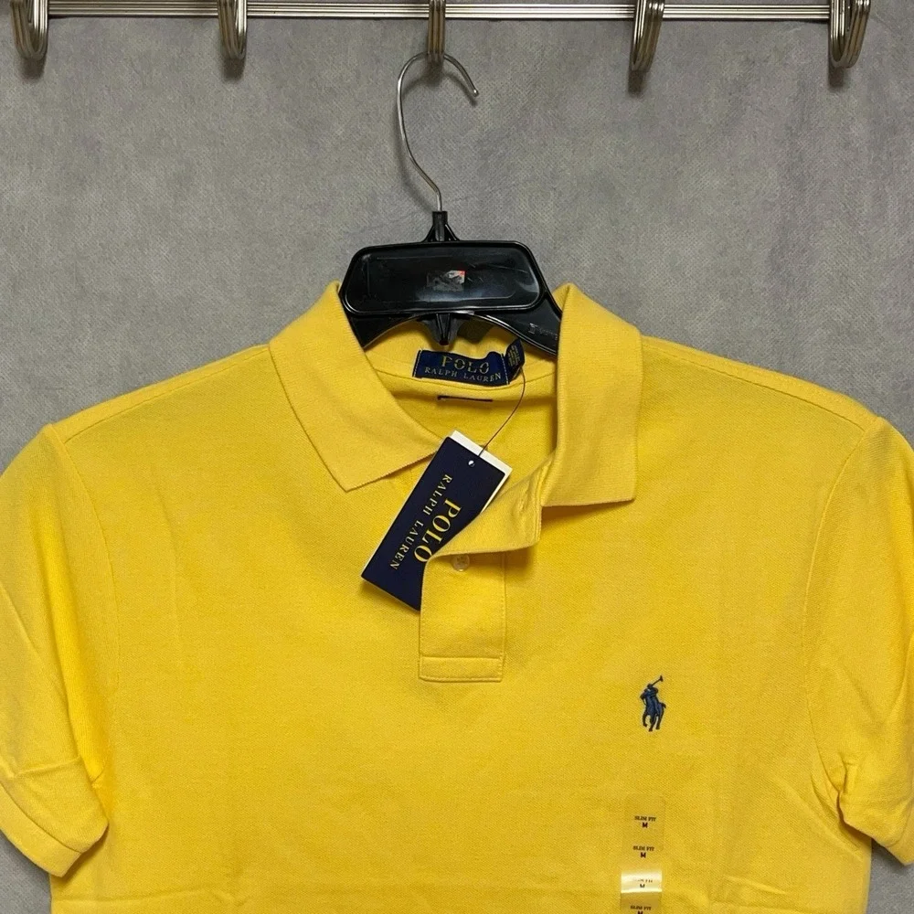 NWT Polo Ralph Lauren Polo Shirt Men M Yellow Slim Pique Embroidered Blue Pony